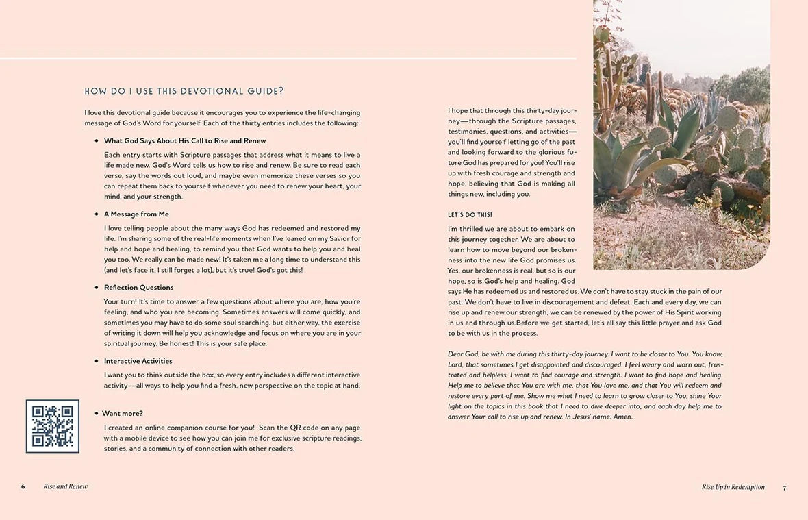 Devotional guide with text and QR code on a pink background
