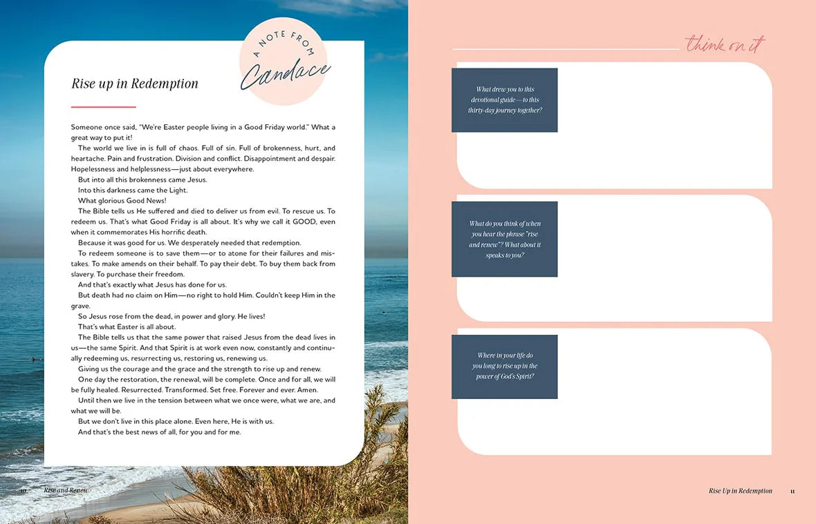 Book page with text and a scenic background of a beach and sky.