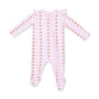 A baby footed sleeper in light pink with vertical stripes of small brown teddy bears and white bunny silhouettes, featuring a front zipper.