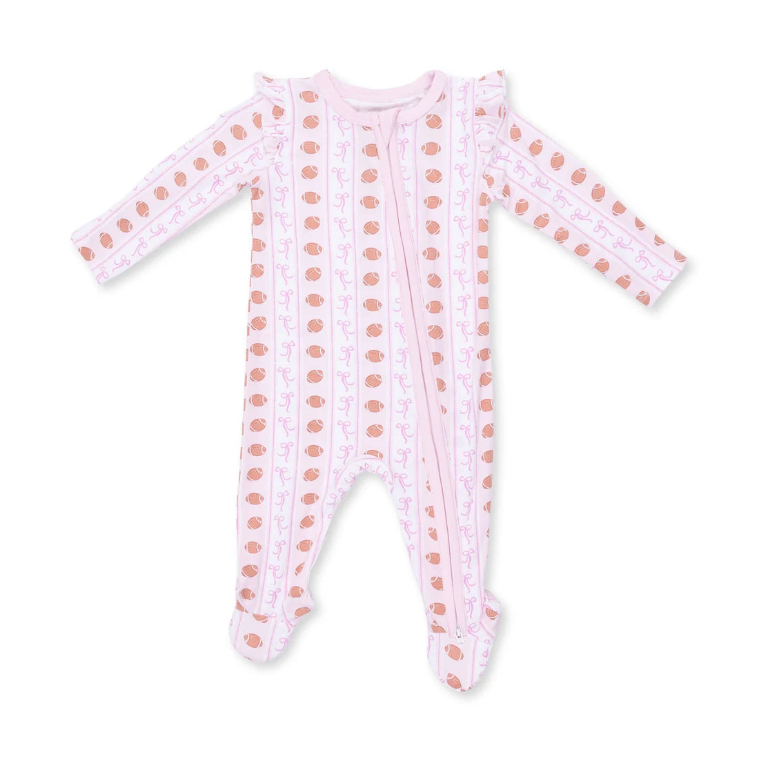 A baby footed sleeper in light pink with vertical stripes of small brown teddy bears and white bunny silhouettes, featuring a front zipper.