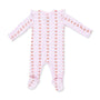 A baby long-sleeve footed sleeper in light pink with a repeating pattern of small brown teddy bears and white bunny silhouettes, shown on a plain white background.