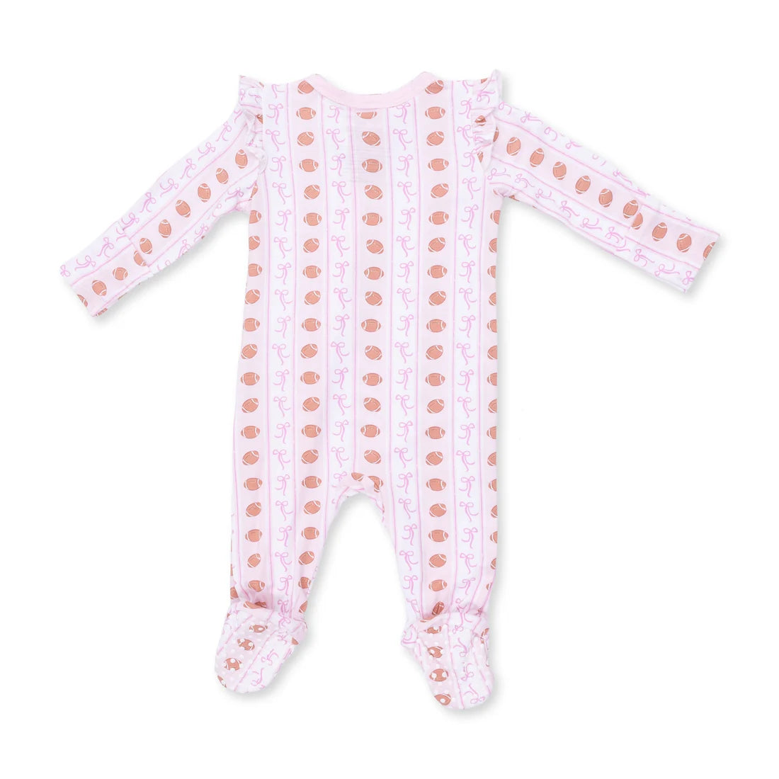 A baby long-sleeve footed sleeper in light pink with a repeating pattern of small brown teddy bears and white bunny silhouettes, shown on a plain white background.