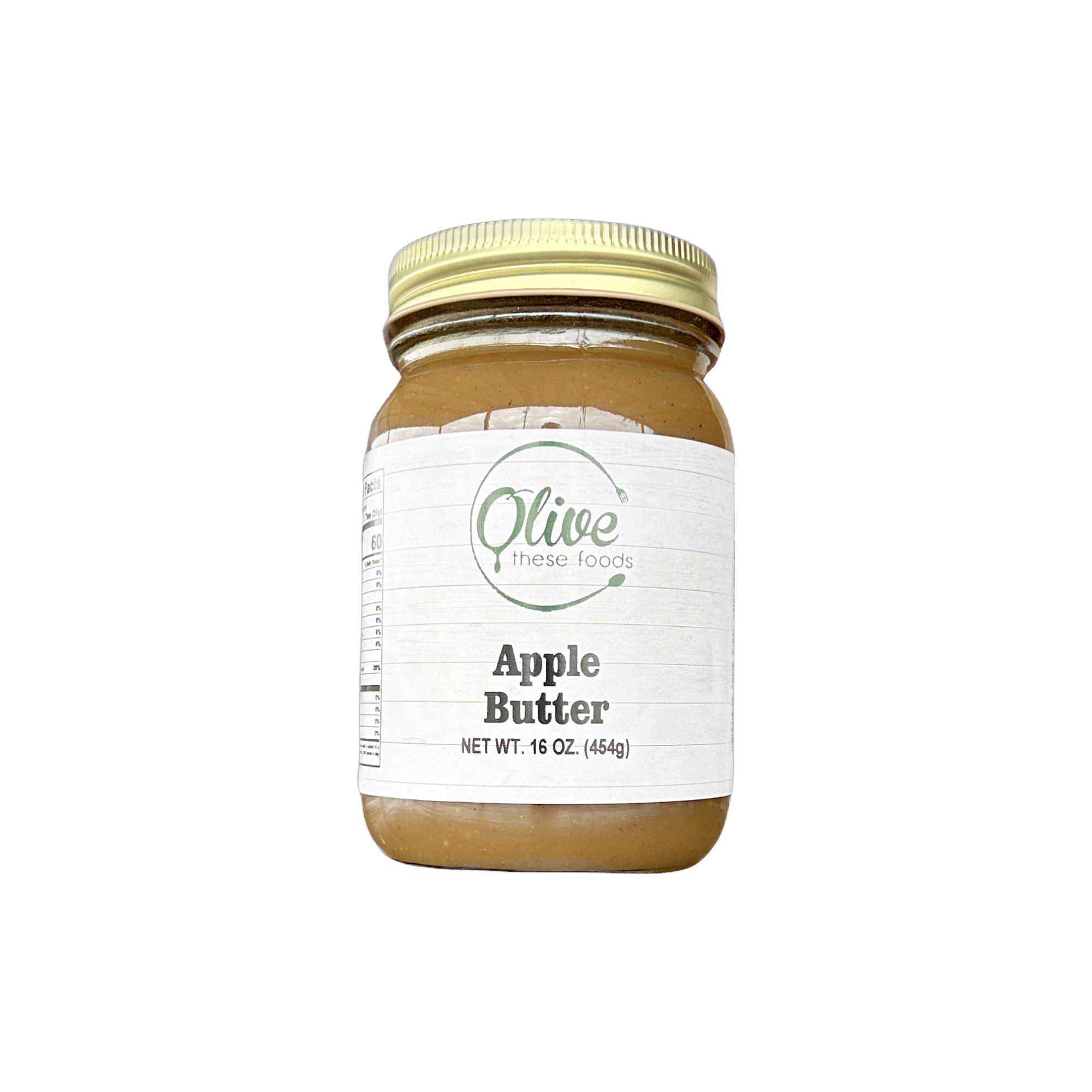 Jar of Apple Butter with a gold lid on a white background