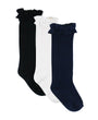 Three pairs of socks in black, white, and navy with ruffled tops on a white background.