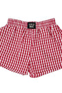 Red and white checkered shorts with a visible brand label on a white background