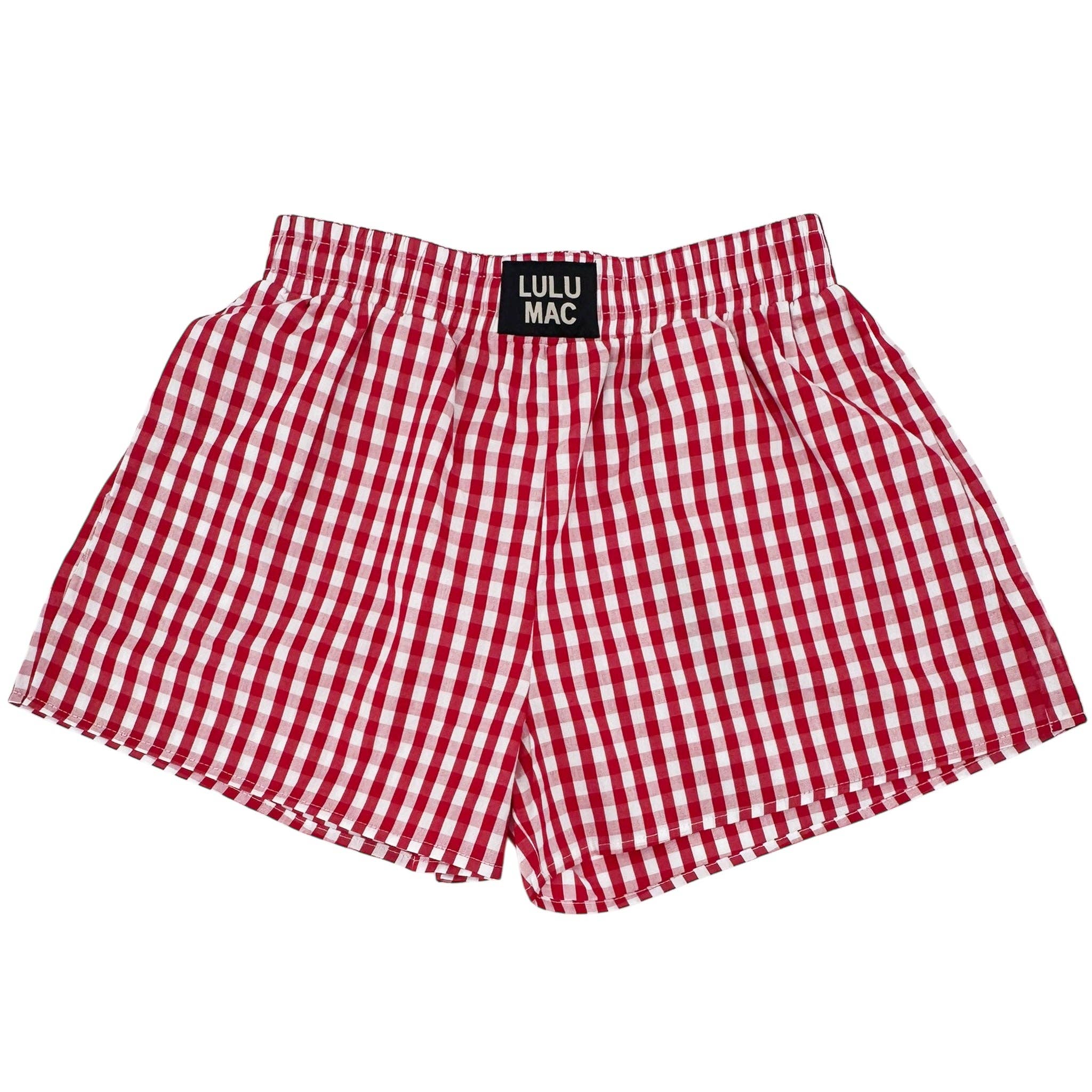 Red and white checkered shorts with a visible brand label on a white background