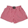 Red and white checkered shorts with a visible brand label on a white background