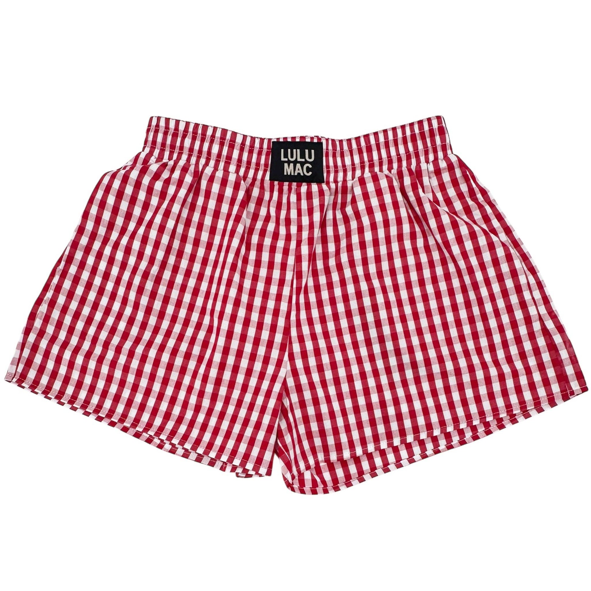 Red and white checkered shorts with a visible brand label on a white background