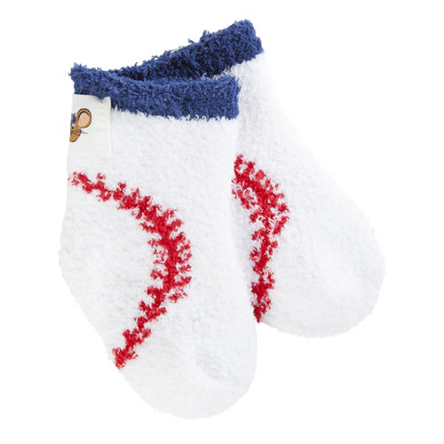 Pair of white socks with red stitching and blue fuzzy top on a white background