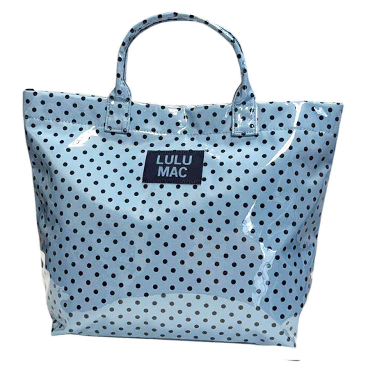 Polka dot tote bag with LULU MAC label on a white background