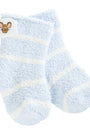 Pair of light blue socks with white stripes on a white background