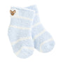 Pair of light blue socks with white stripes on a white background
