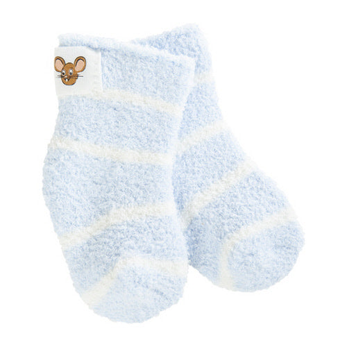 Pair of light blue socks with white stripes on a white background
