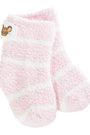 Pink fuzzy socks with a cartoon character on a white background