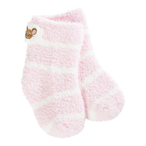 Pink fuzzy socks with a cartoon character on a white background