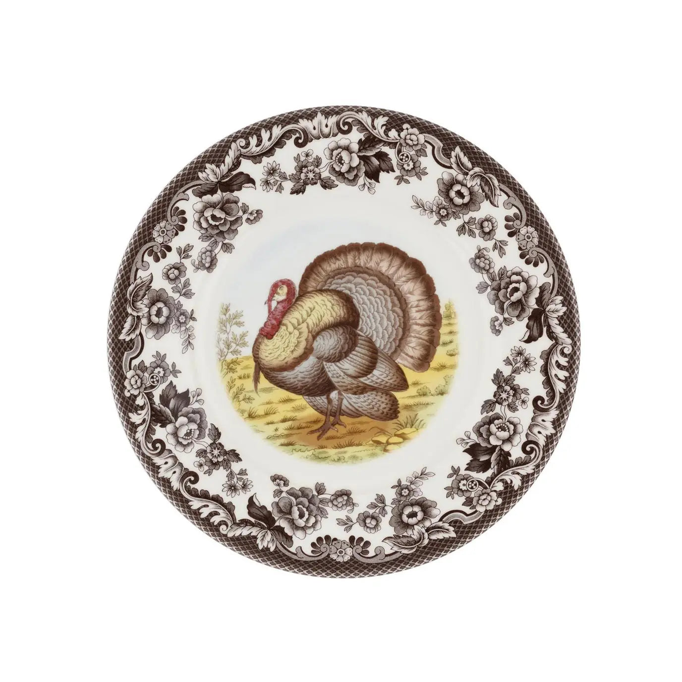 Decorative plate with a turkey illustration and floral patterns on a white background