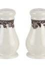 Two white ceramic salt and pepper shakers with decorative band on a white background