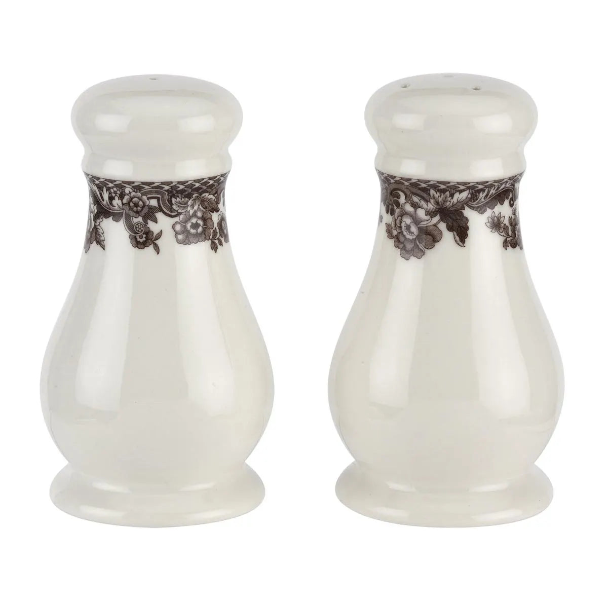 Two white ceramic salt and pepper shakers with decorative band on a white background