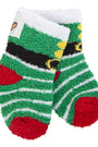 Pair of green and red socks with a cartoon character on a white background