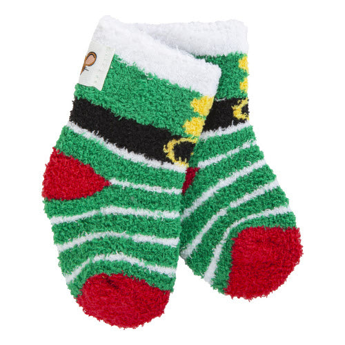 Pair of green and red socks with a cartoon character on a white background