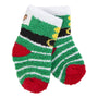 Pair of green and red socks with a cartoon character on a white background