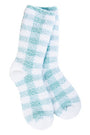 Pair of checkered socks with blue and white pattern on a white background