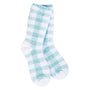 Pair of checkered socks with blue and white pattern on a white background