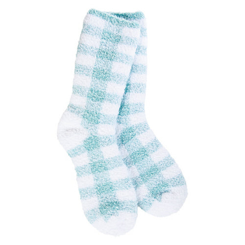 Pair of checkered socks with blue and white pattern on a white background