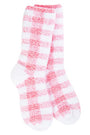 Pink and white checkered sock on a white background