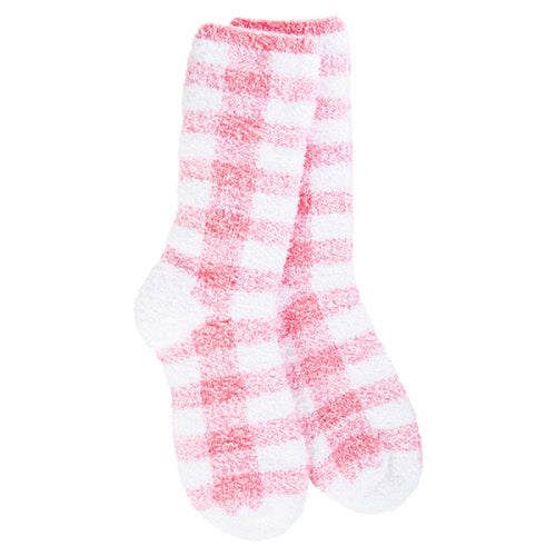 Pink and white checkered sock on a white background