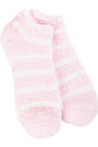 Pair of pink and white fuzzy socks on a white background