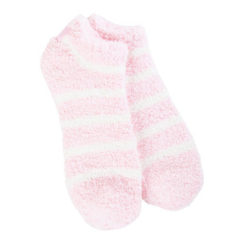 Pair of pink and white fuzzy socks on a white background