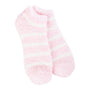 Pair of pink and white fuzzy socks on a white background