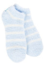 Pair of light blue socks with white stripes on a white background