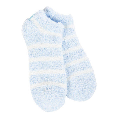 Pair of light blue socks with white stripes on a white background