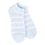 Pair of light blue socks with white stripes on a white background