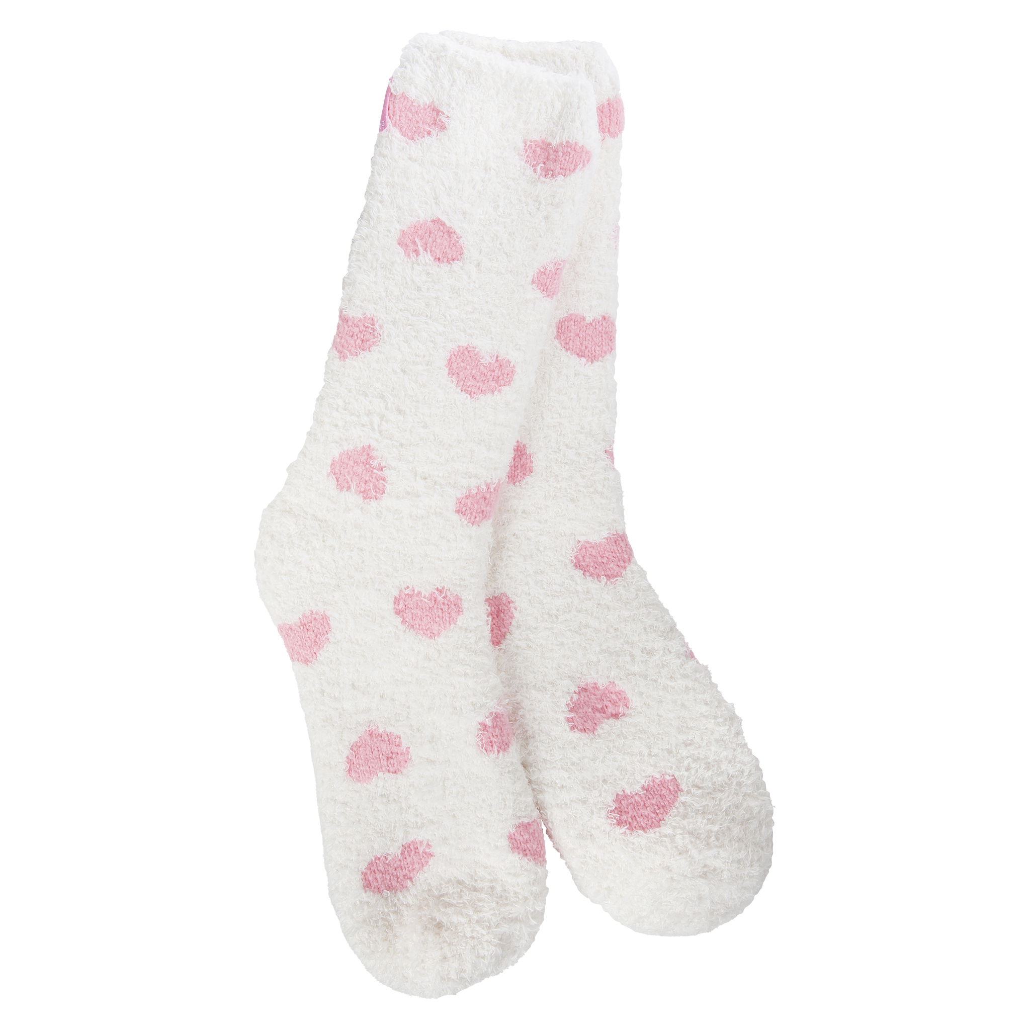 White socks with pink heart patterns on a white background