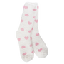 White socks with pink heart patterns on a white background