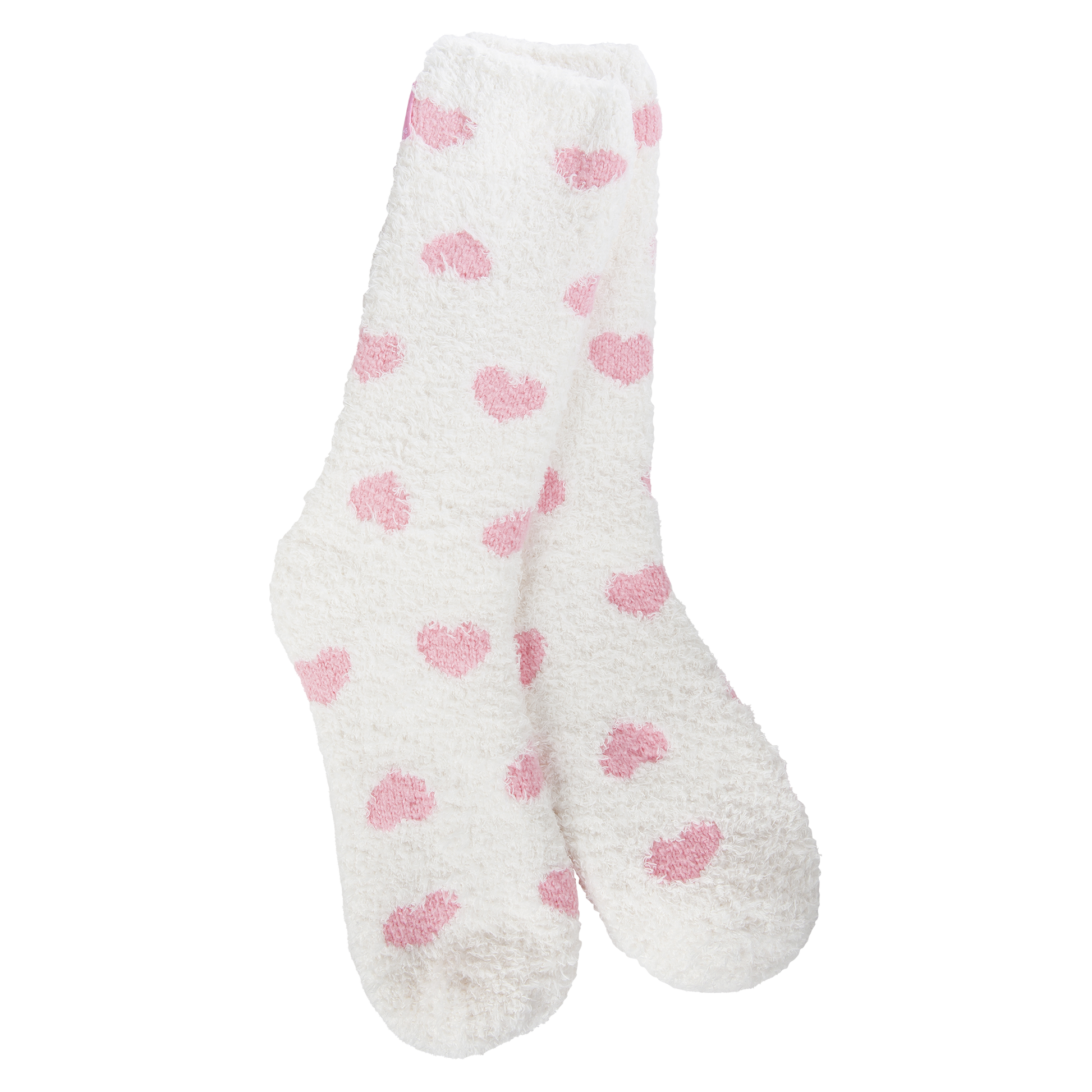 White socks with pink heart patterns on a white background