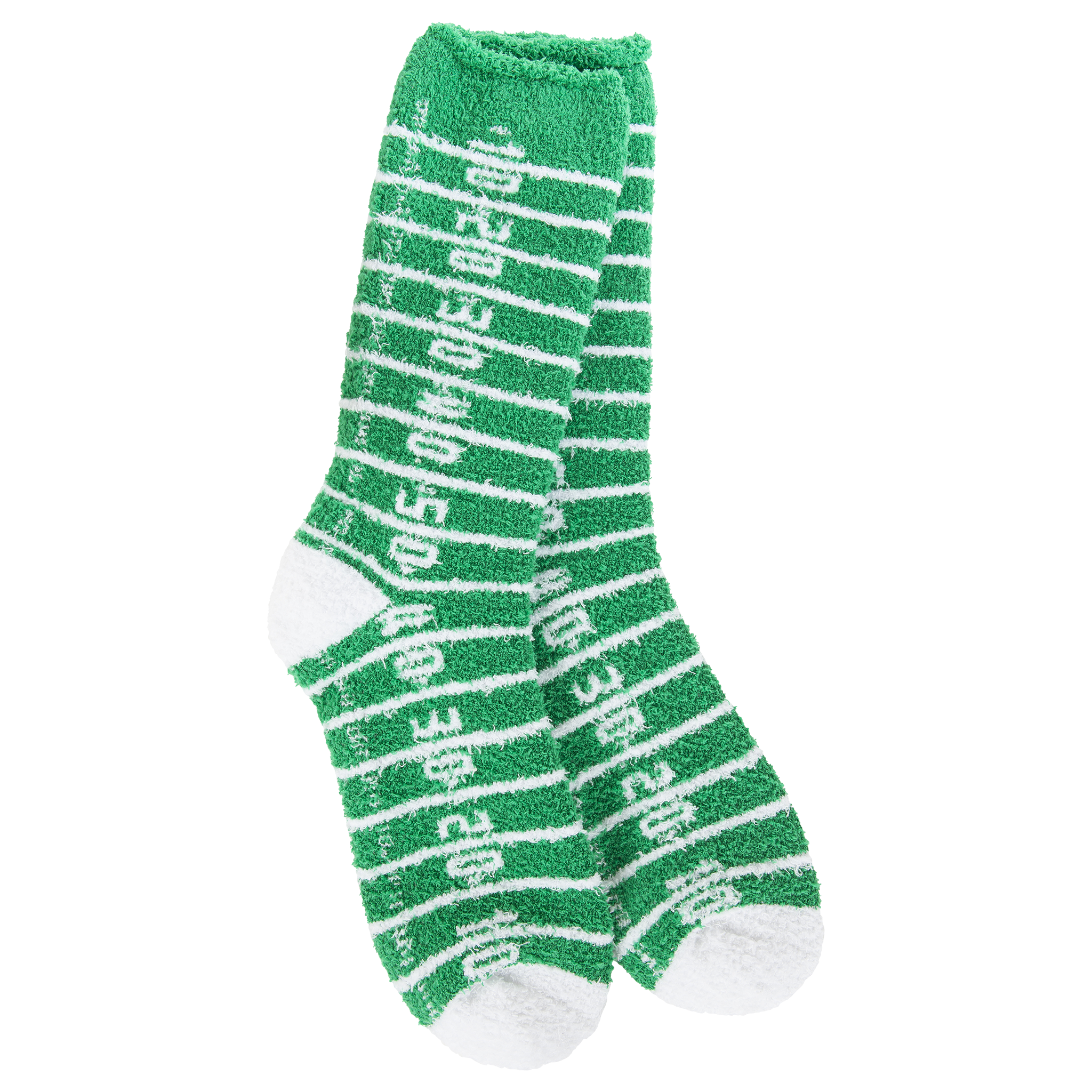 Green socks with white text on a white background