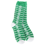Green socks with white text on a white background