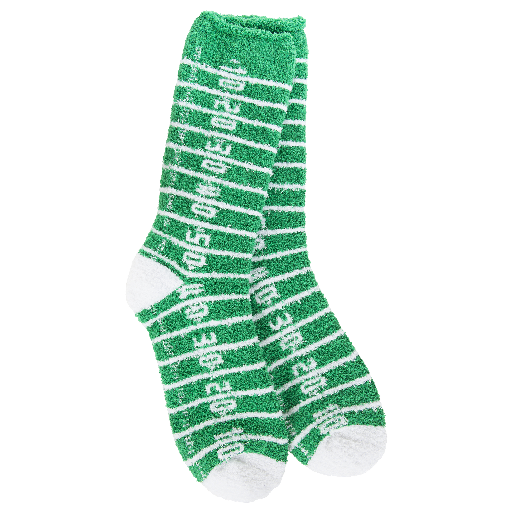 Green socks with white text on a white background