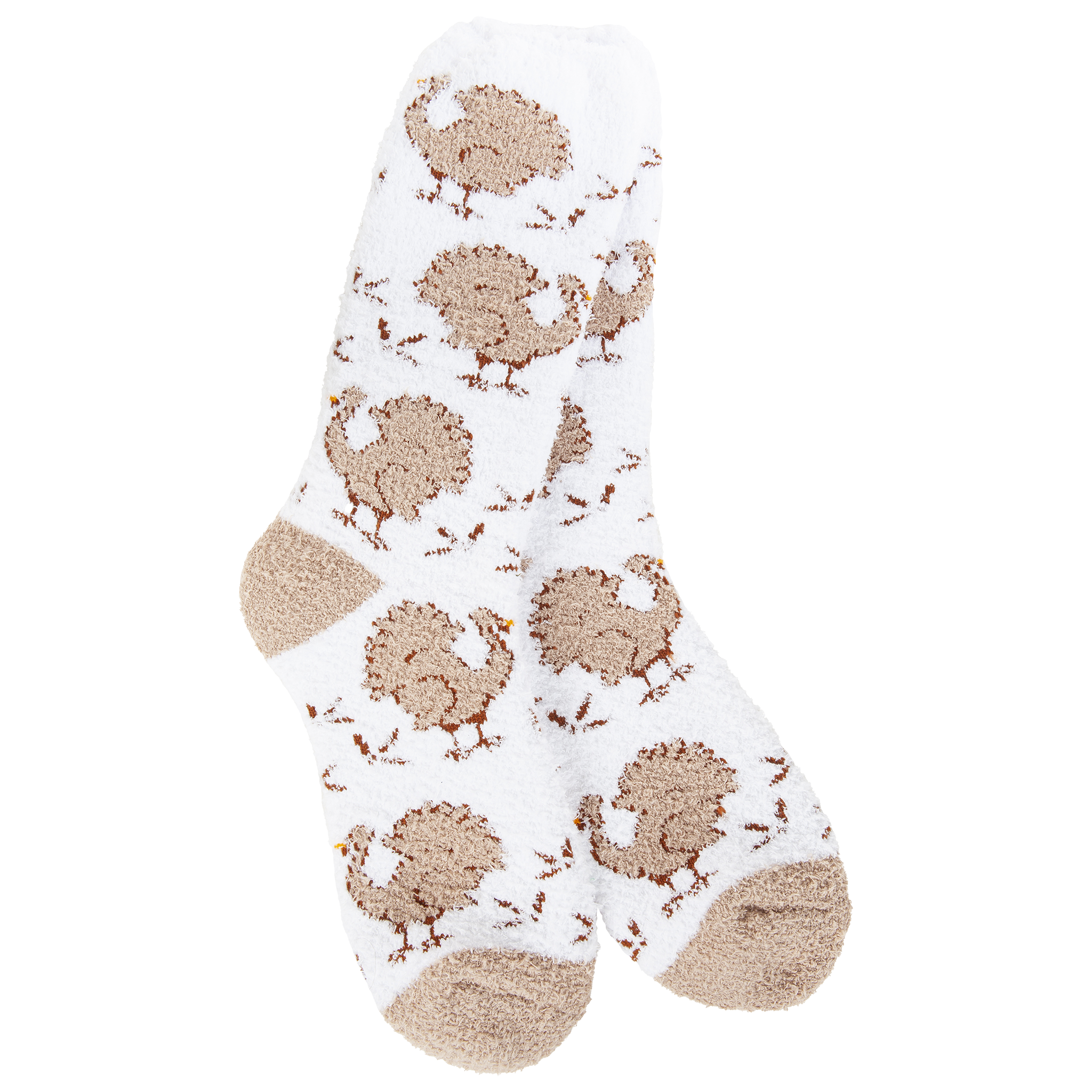 White sock with brown turkey pattern on a white background
