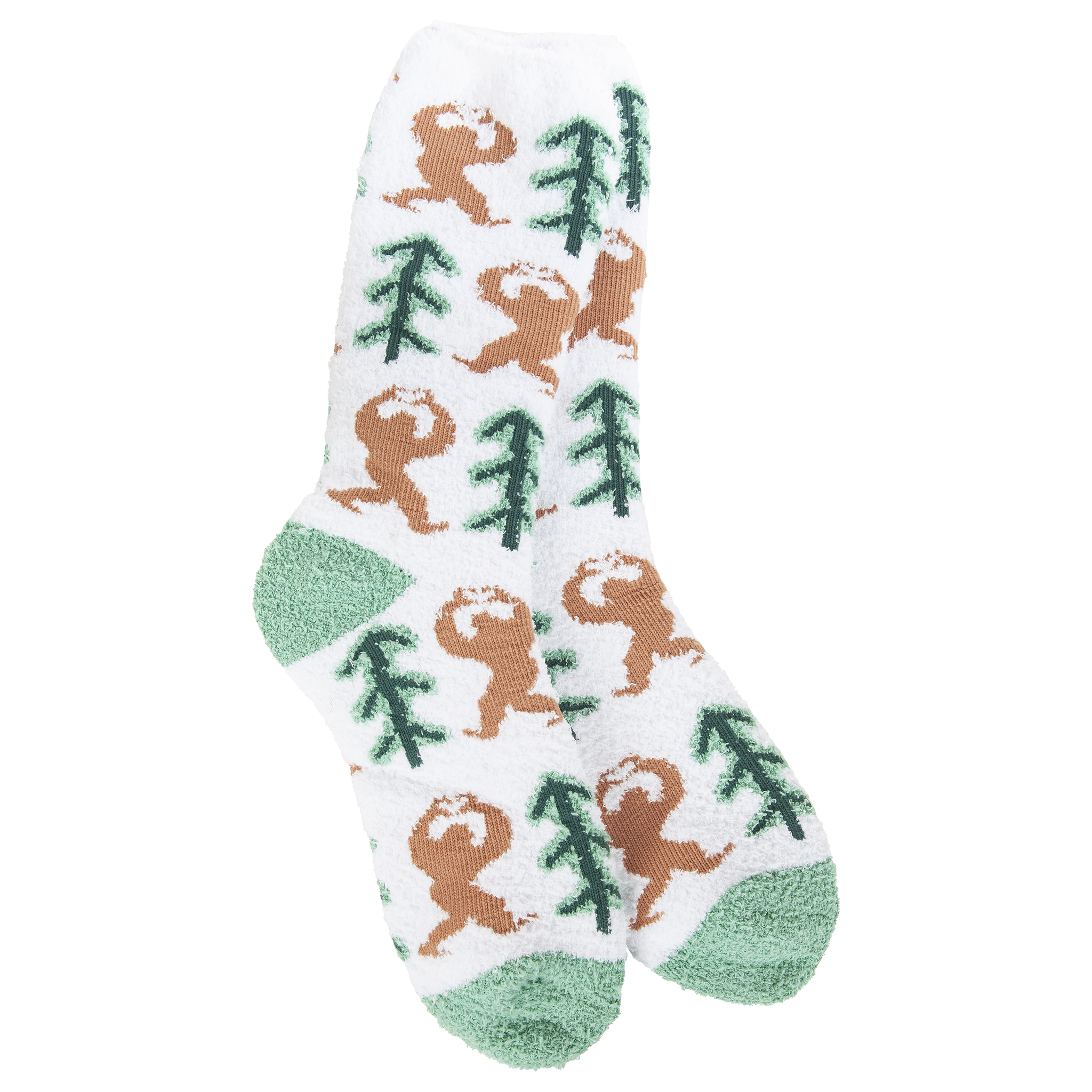 Sock with sasquatch and tree pattern on a white background