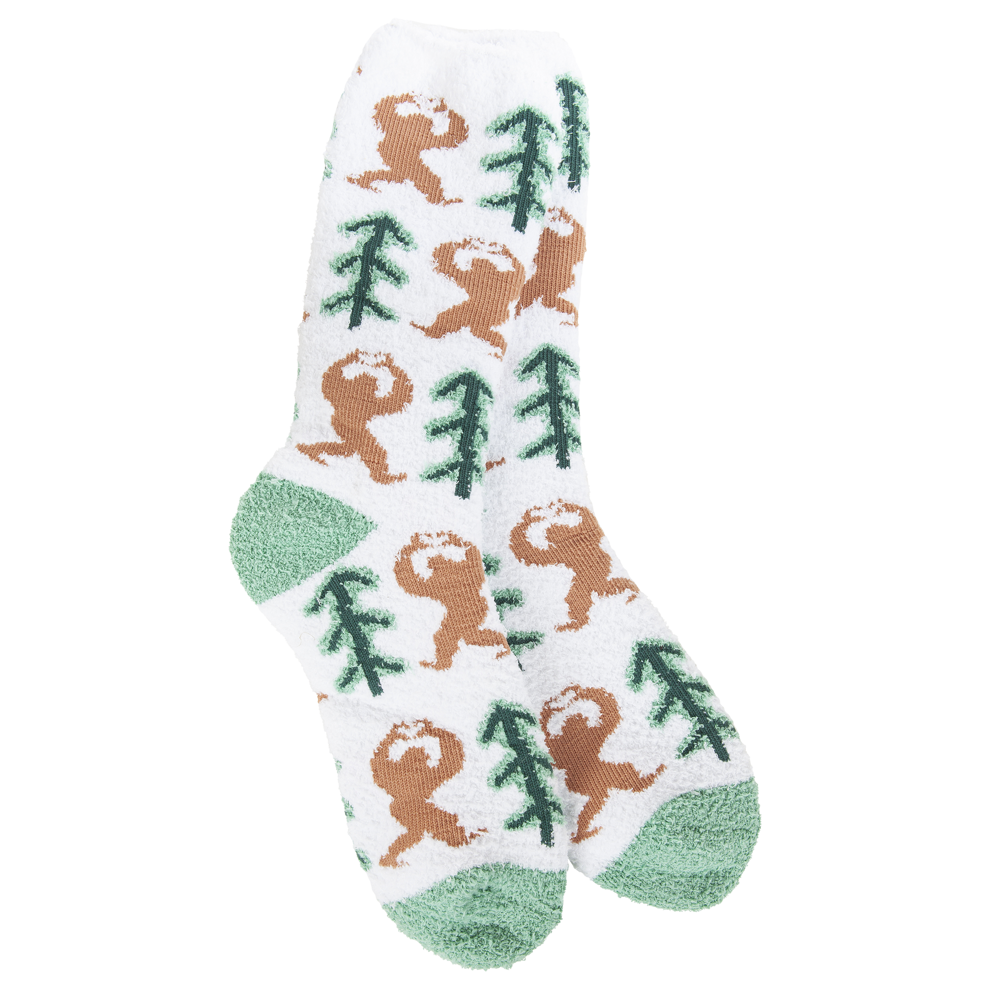 Sock with sasquatch and tree pattern on a white background