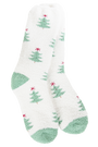 White sock with green Christmas tree patterns on a white background