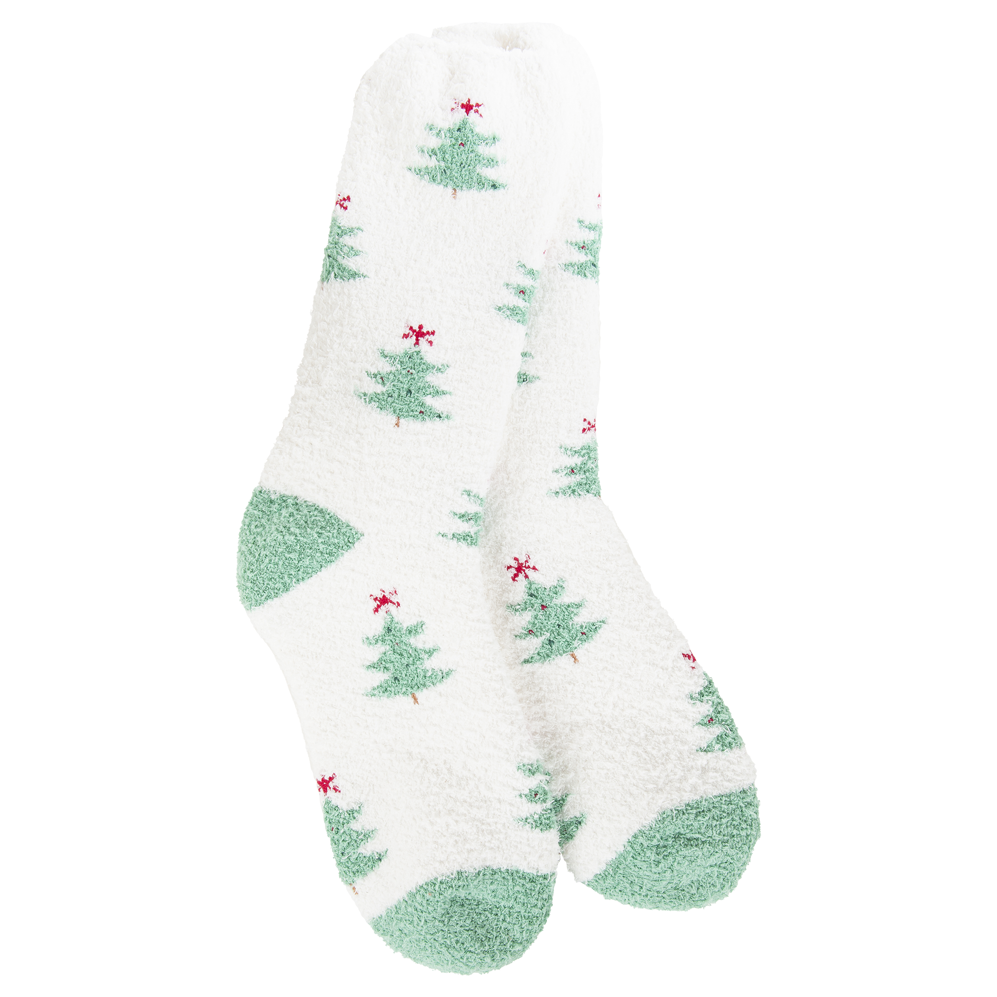 White sock with green Christmas tree patterns on a white background