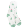 White sock with green Christmas tree patterns on a white background