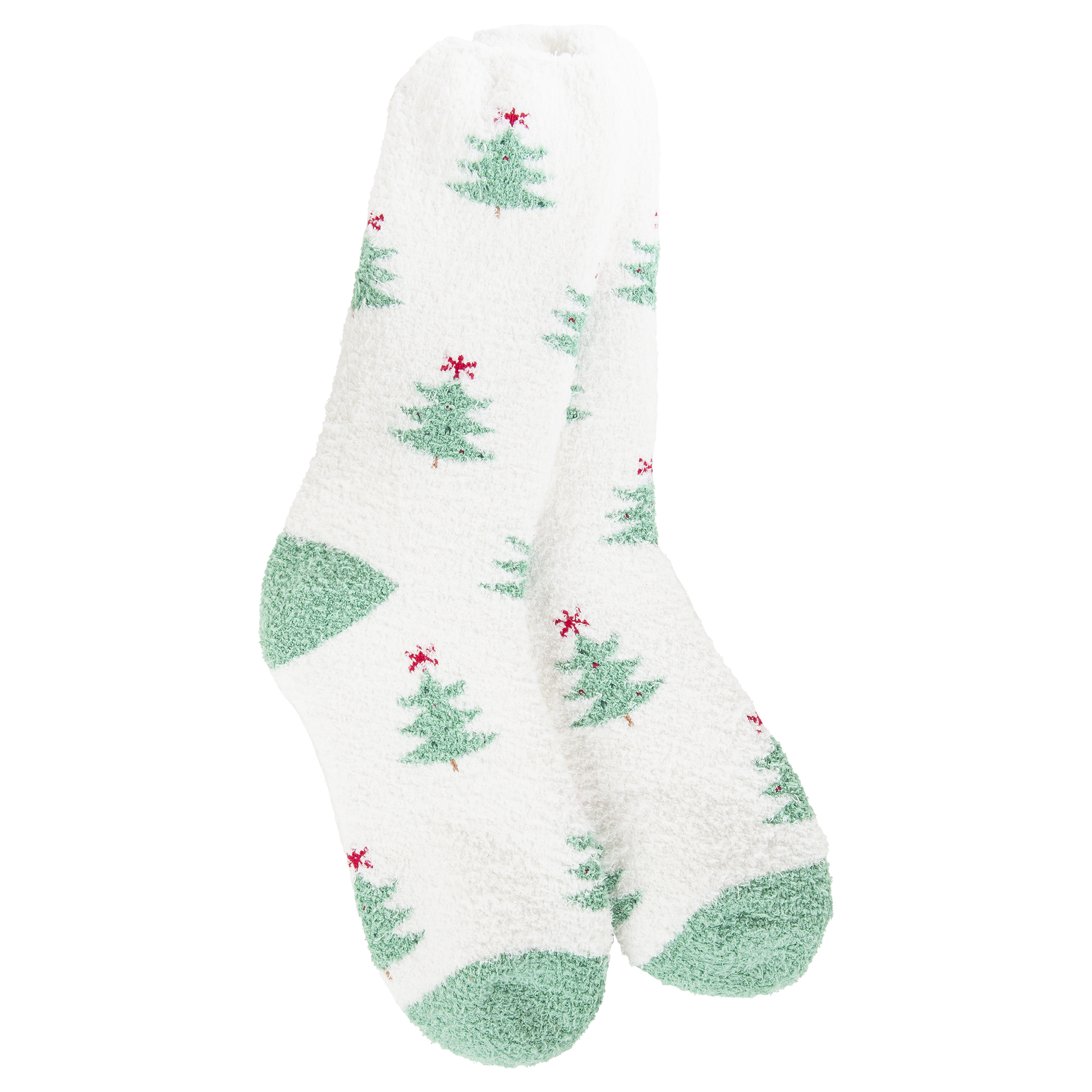 White sock with green Christmas tree patterns on a white background