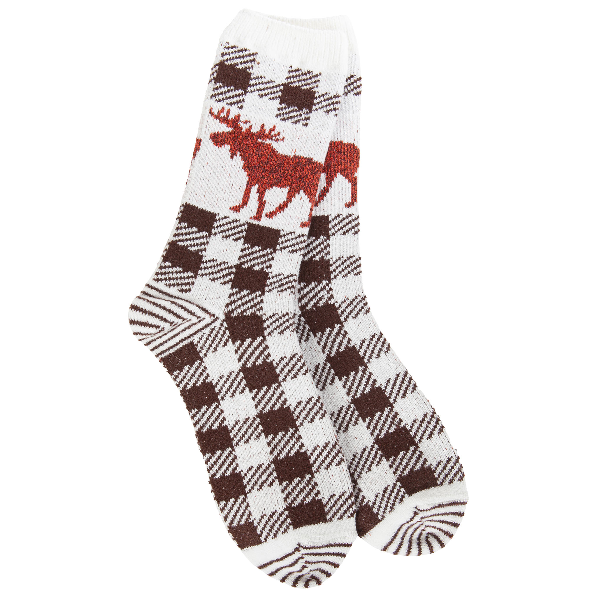Sock with moose and plaid pattern on a white background